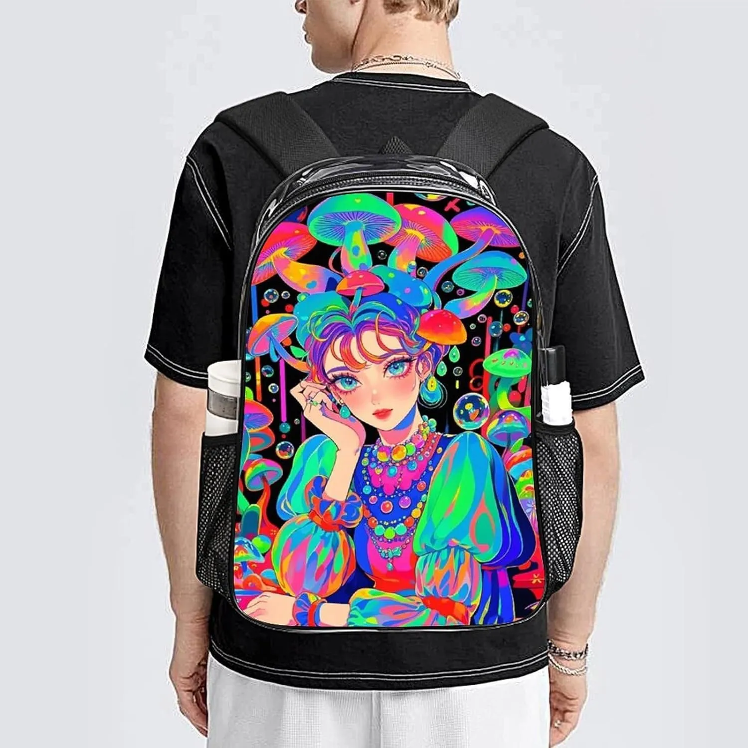 Backpack Anti-Theft Multipurpose Large Capacity Carry On Bag - Fantasy Gothic Women Mushroom Dazzling Art Camping Outdoor Backpack Transparent Bag