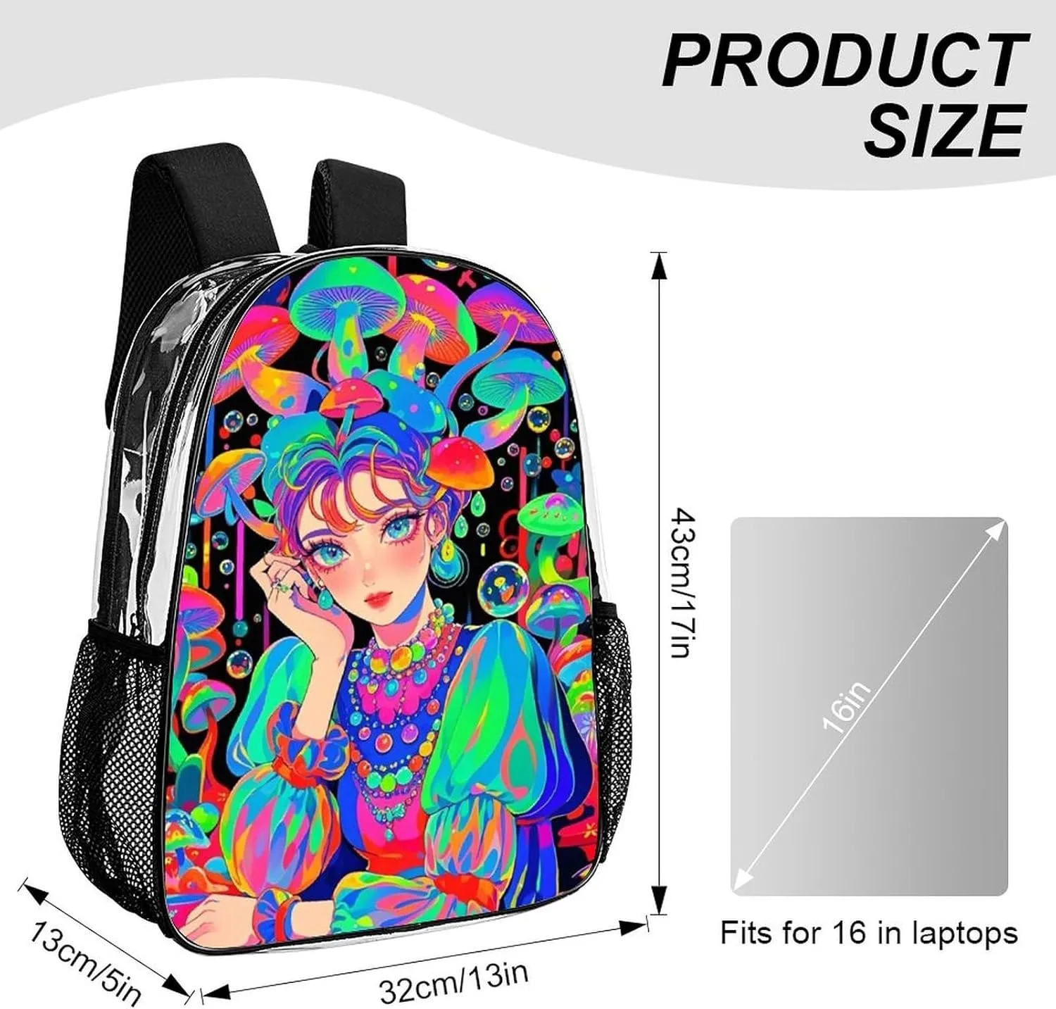 Backpack Anti-Theft Multipurpose Large Capacity Carry On Bag - Fantasy Gothic Women Mushroom Dazzling Art Camping Outdoor Backpack Transparent Bag