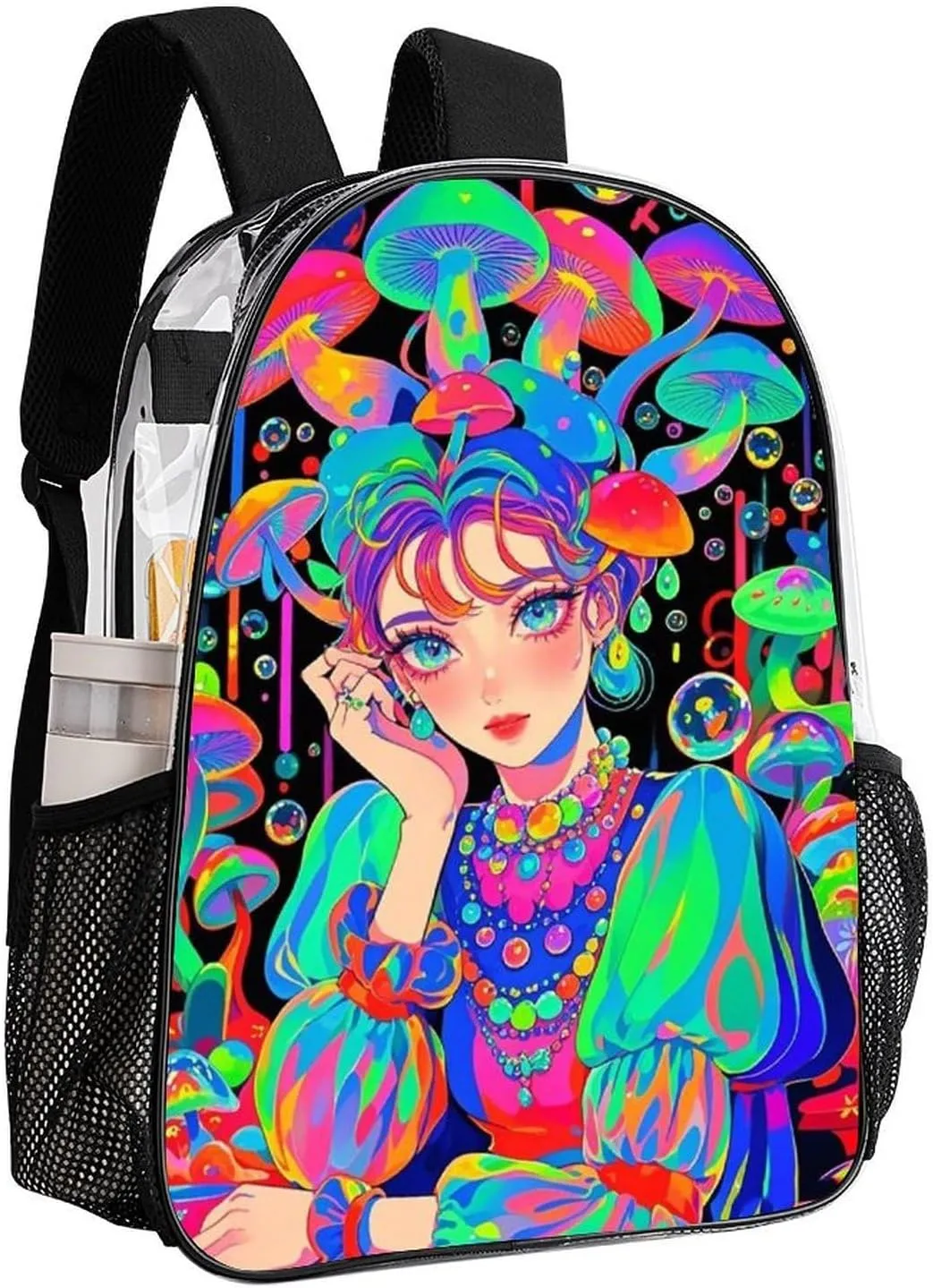 Backpack Anti-Theft Multipurpose Large Capacity Carry On Bag - Fantasy Gothic Women Mushroom Dazzling Art Camping Outdoor Backpack Transparent Bag