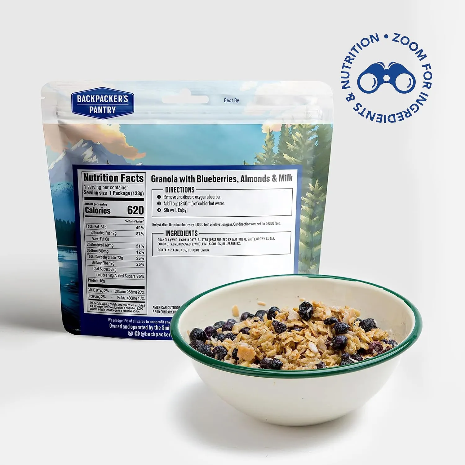 Backpacker's Pantry Granola with Blueberries Almonds & Milk - Freeze Dried Backpacking & Camping Food - Emergency Food - 16 Grams of Protein, Vegetarian
