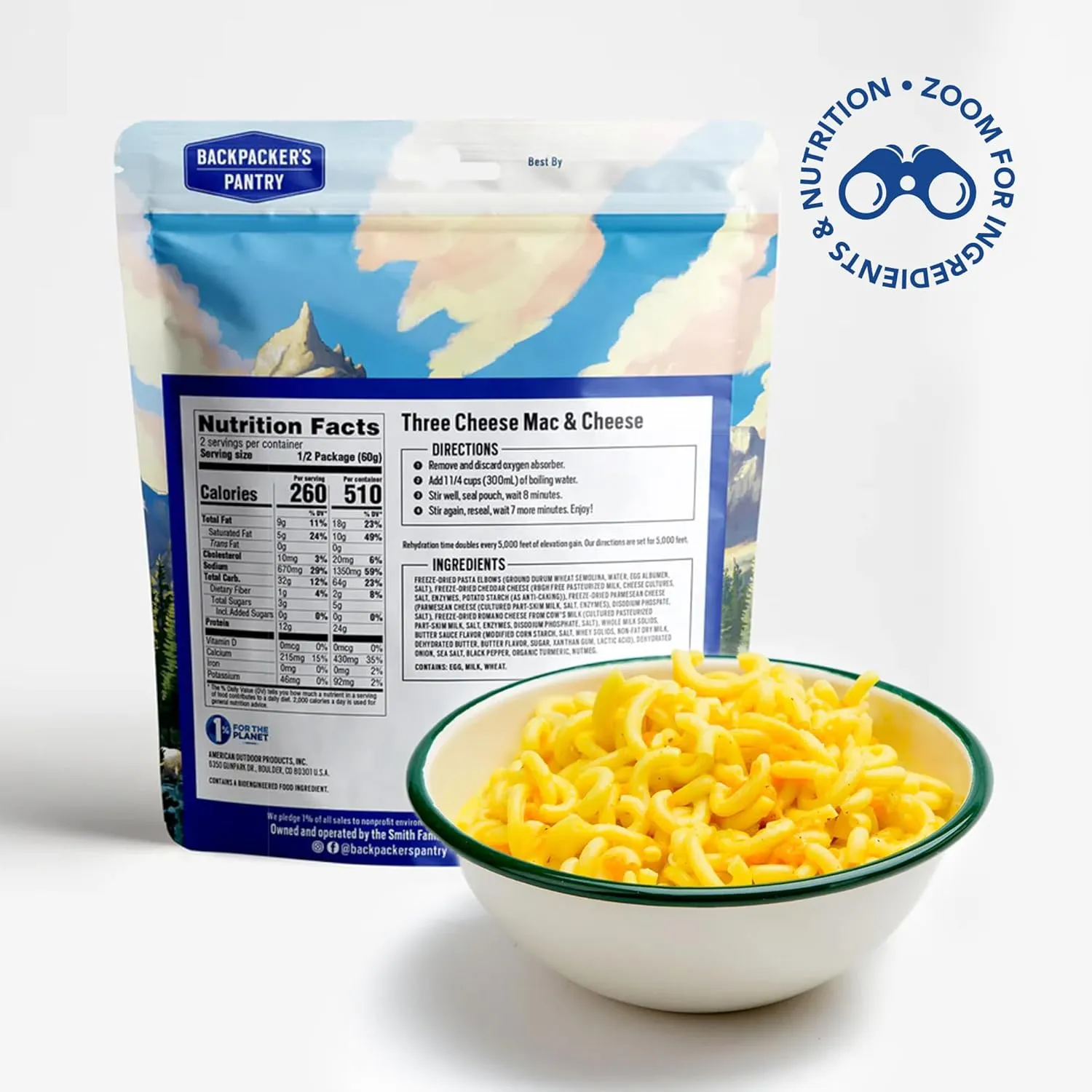 Backpacker's Pantry Three Cheese Mac & Cheese - Freeze Dried Backpacking & Camping Food - Emergency Food - 24 Grams of Protein, Vegetarian