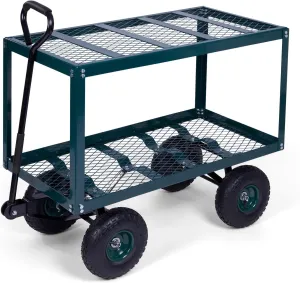 Backyard Expressions 2-Tier Heavy Duty Steel Garden Cart with Mesh Shelves and Pneumatic Wheels – Utility Wagon for Lawn, Yard, Landscaping & Outdoor Projects