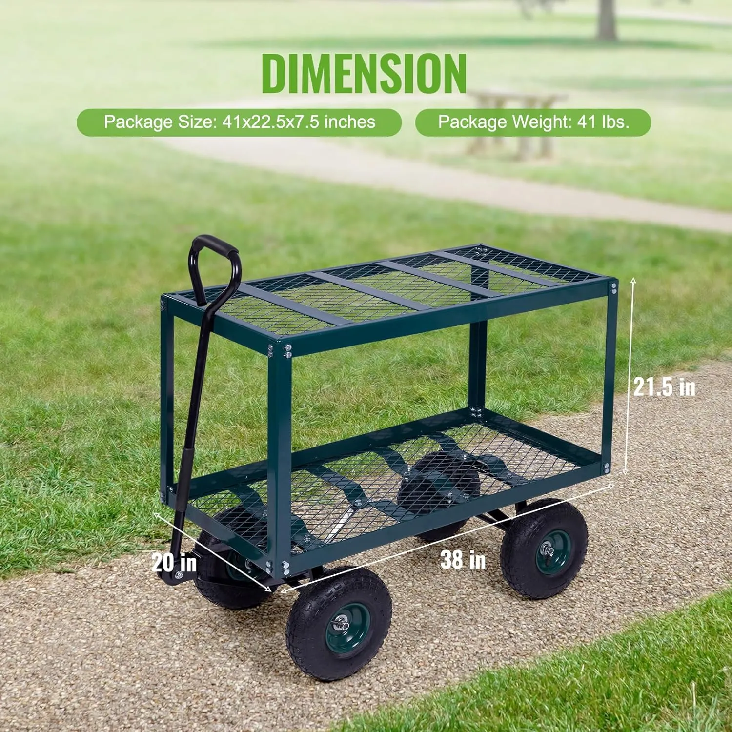 Backyard Expressions 2-Tier Heavy Duty Steel Garden Cart with Mesh Shelves and Pneumatic Wheels – Utility Wagon for Lawn, Yard, Landscaping & Outdoor Projects