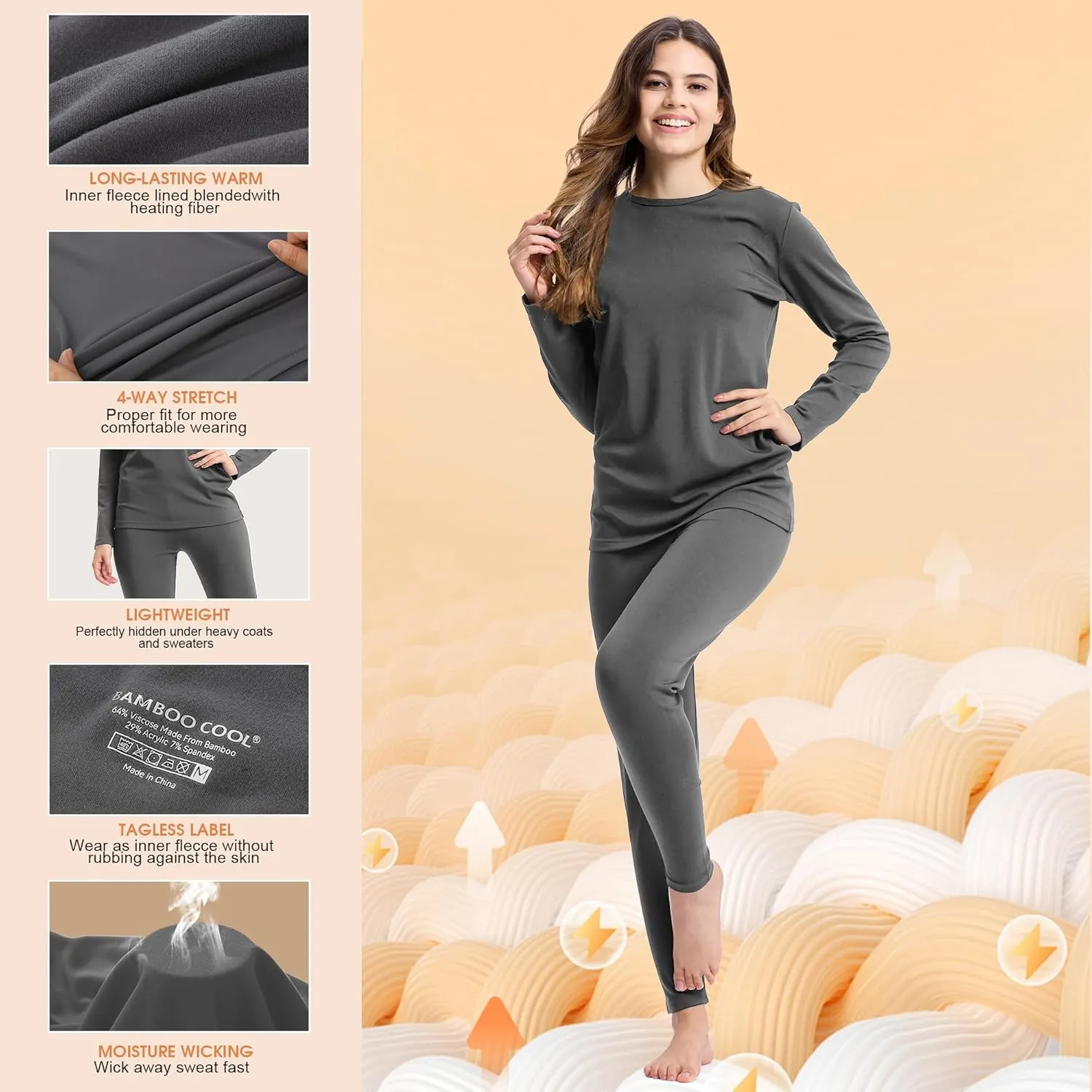 BAMBOO COOL Thermal Underwear for Women Base Layer Womens Thermal Top and Bottom Set