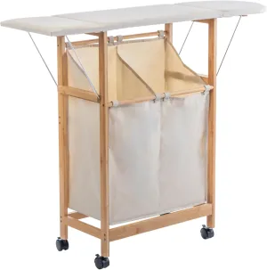 Bamboo Laundry Hamper with Foldable Ironing Board,2 Compartments Laundry Storage and Organization with Rolling Cart for Laundry Room,bathroom,Bedroom,Apartment,Dorm Room -Natural Color