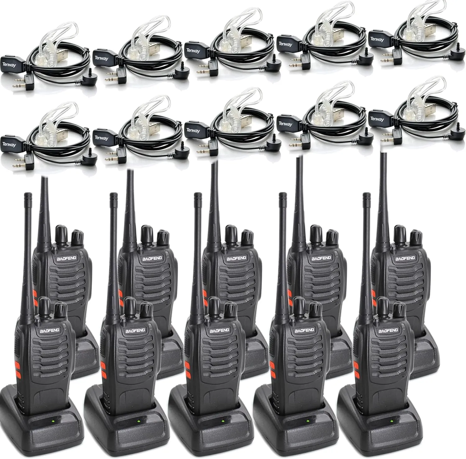 BAOFENG BF-888S Two Way Radio Long Range 16 CH Baofeng Radio and Tenway Covert Air Acoustic Tube Earpiece (Pack of 10)