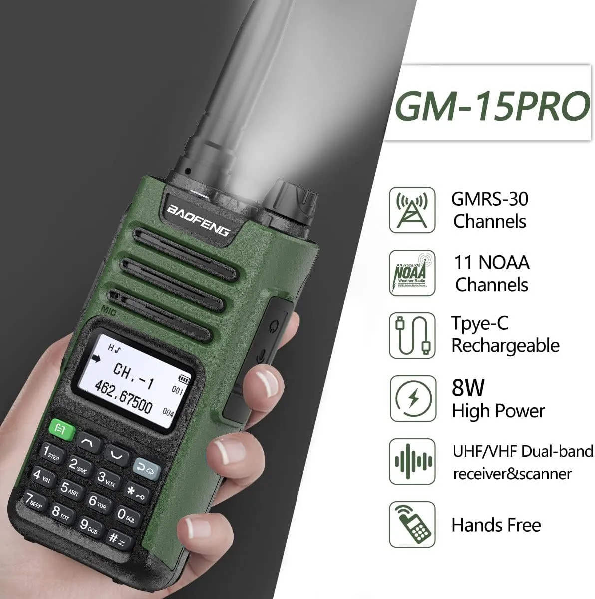 BAOFENG GM-15 Pro GMRS Handheld Radio 8W Long Range Walkie Talkie NOAA Weather Receiver and Scan Rechargeable GMRS Repeater Capable Two Way Radio with USB-C Charger Full Kit,2Pack
