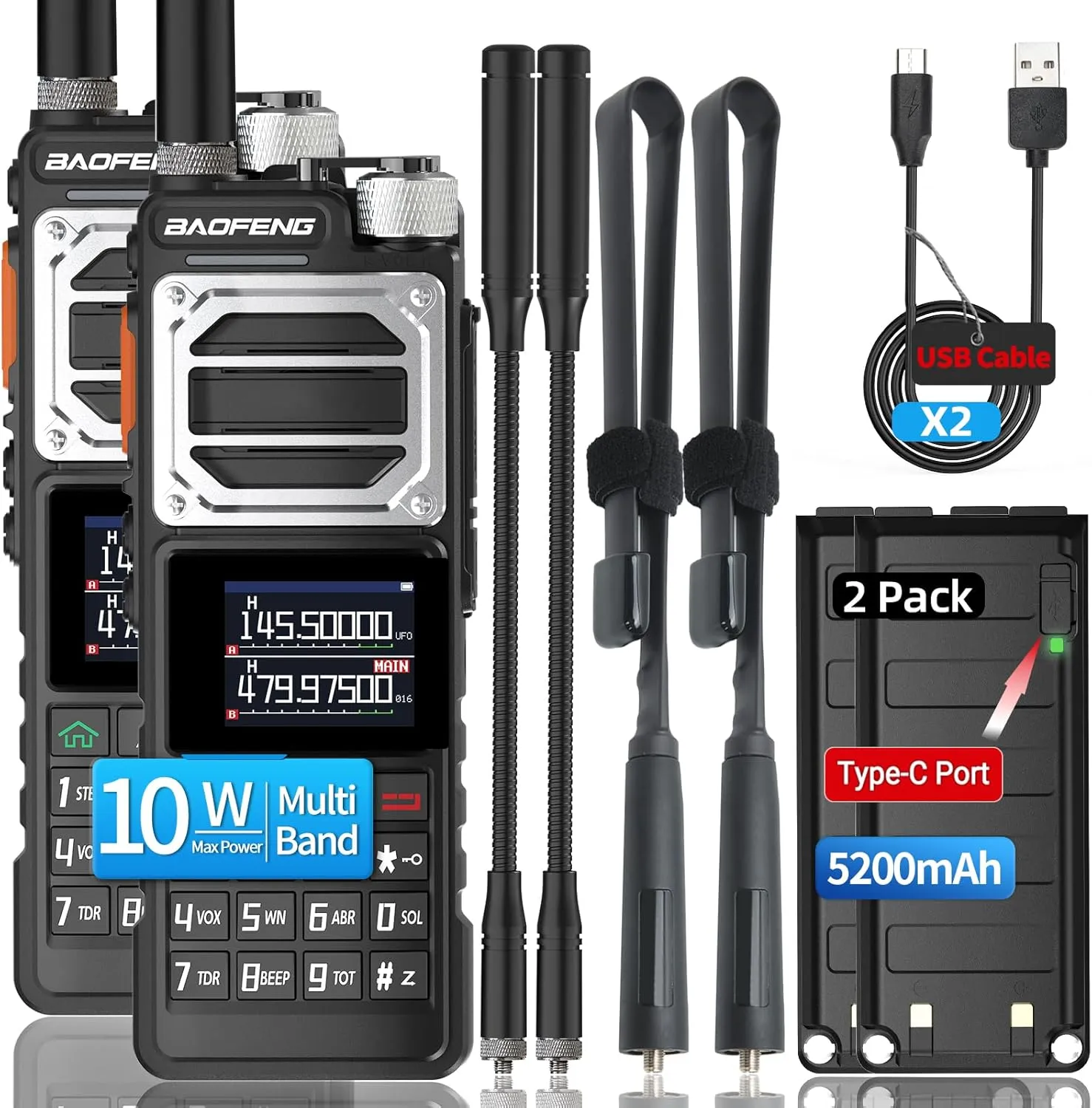 BAOFENG Radio Ham Radio Long Range AR-25R 10W Handheld 5RM Two Way Radio (Upgraded of UV-5R) Long Range Walkie Talkies for Adults,Copy Frequency USB-C Charger AirBand UV-25 2 Way Radio (2 Pack)