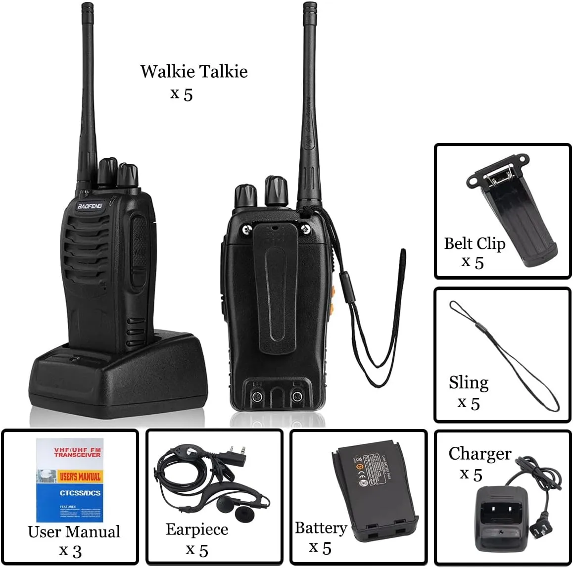 Baofeng Walkie Talkies bf-888s Professional Two-Way Radios Rechargeable Interphone Long Range UHF Communicator for Adults Handheld 5 Pack Walky Talky Set with Earpiece,Li-ion Battery and Charger