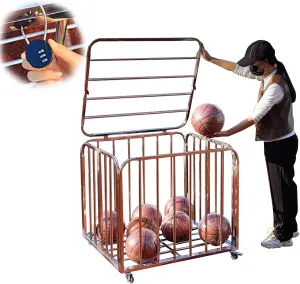 Basketball Cage with Lockable Lid, Foldable Ball Cart Ball Cage for Garage School Indoor Outdoor, Metal Rolling Sports Equipment Organizer with Wheel ( Size : Large- 90x82x80cm/35.4x32.2x31.5in )