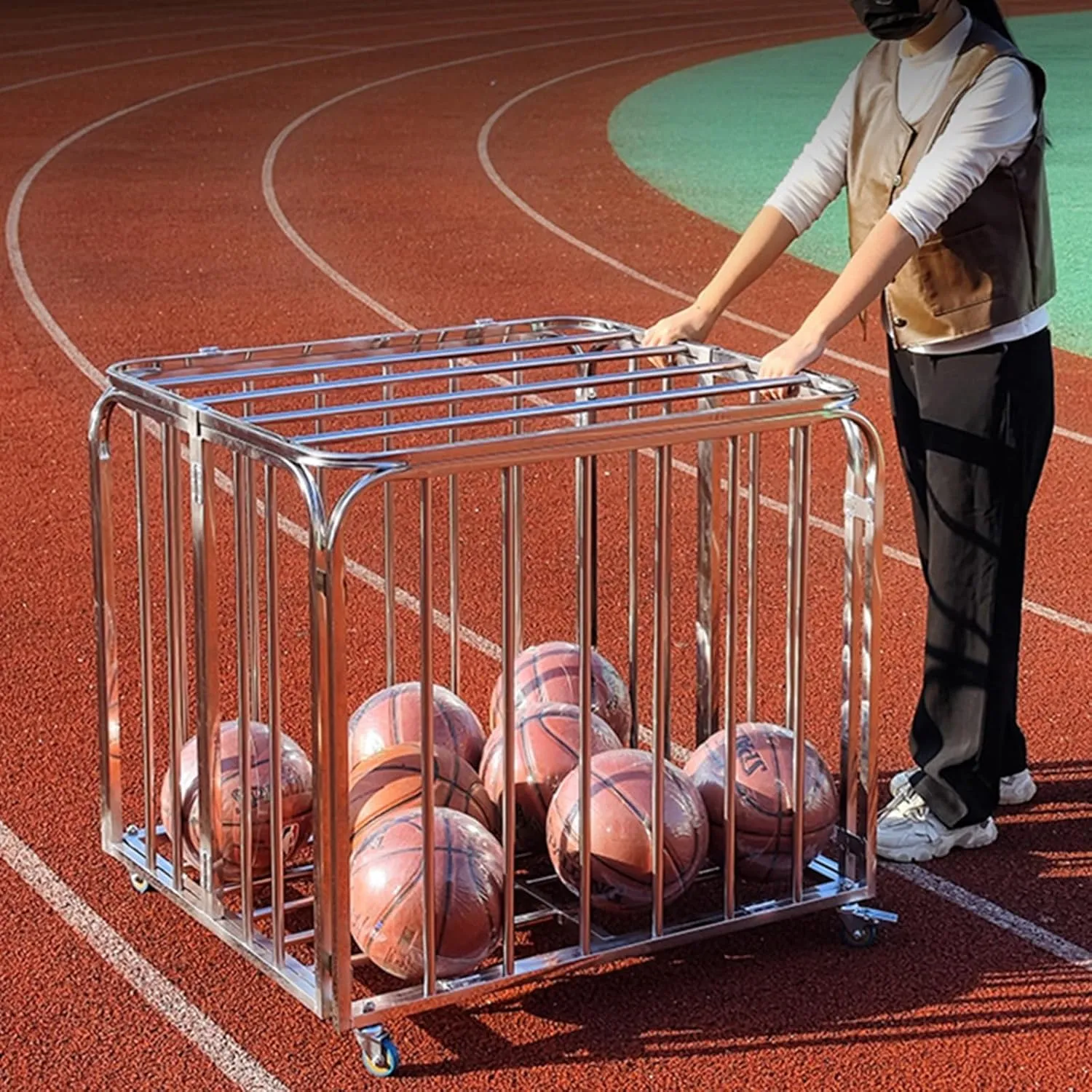 Basketball Cage with Lockable Lid, Foldable Ball Cart Ball Cage for Garage School Indoor Outdoor, Metal Rolling Sports Equipment Organizer with Wheel ( Size : Large- 90x82x80cm/35.4x32.2x31.5in )