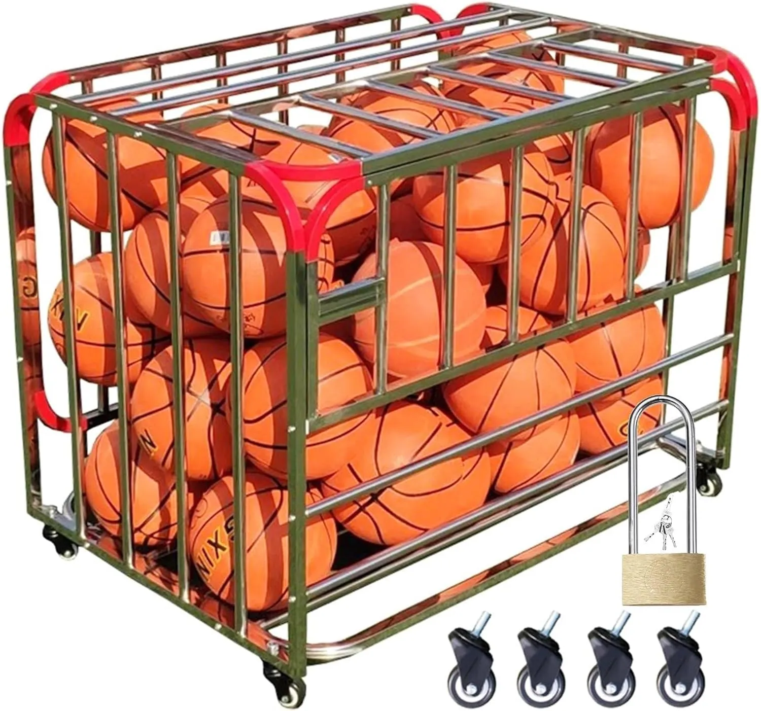 Basketball Storage Cage with Lockable Lid, Large Capacity Garage Basketball Storage Cart, Heavy Duty Soccer Equipment Organizer,School Sports Balls Organize