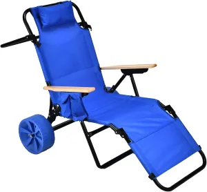 Beach Chair Cart with Wheels 2 in 1 Folding Lounge Chair & Wagon Cart Large Wheels for Beach Pool Backyard Picnic and Sunbathing