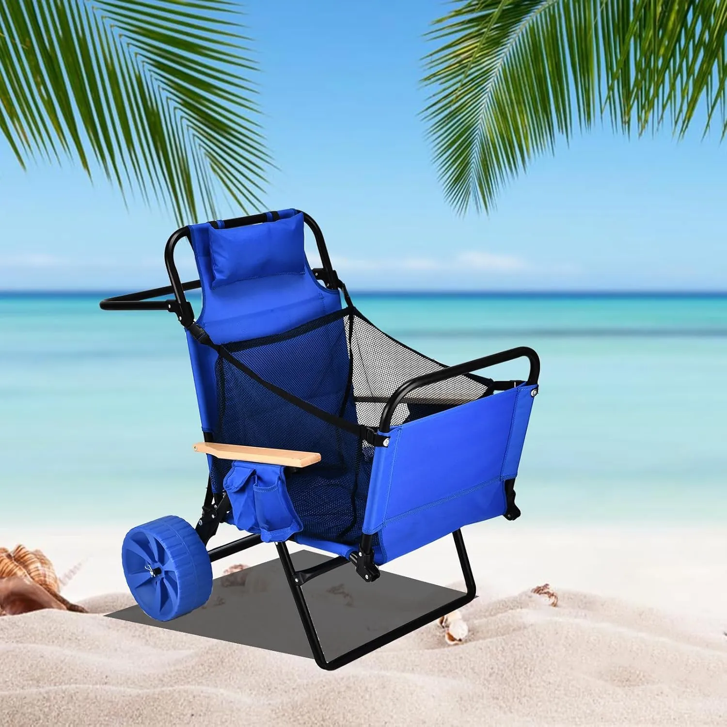 Beach Chair Cart with Wheels 2 in 1 Folding Lounge Chair & Wagon Cart Large Wheels for Beach Pool Backyard Picnic and Sunbathing