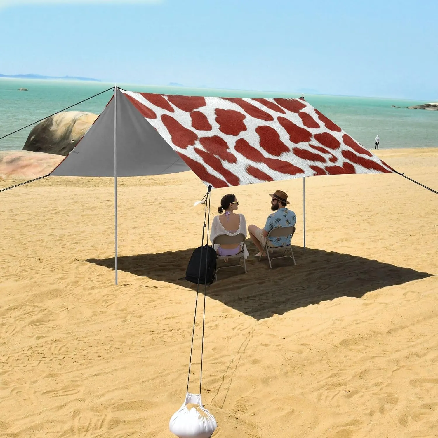 Beach Tent Canopy Cow Brown Spots Outdoor Sun Shade Patio 9.2 × 10.5 FT Funny Sand Camping Sun Shelter Windproof with Poles Sand Anchor
