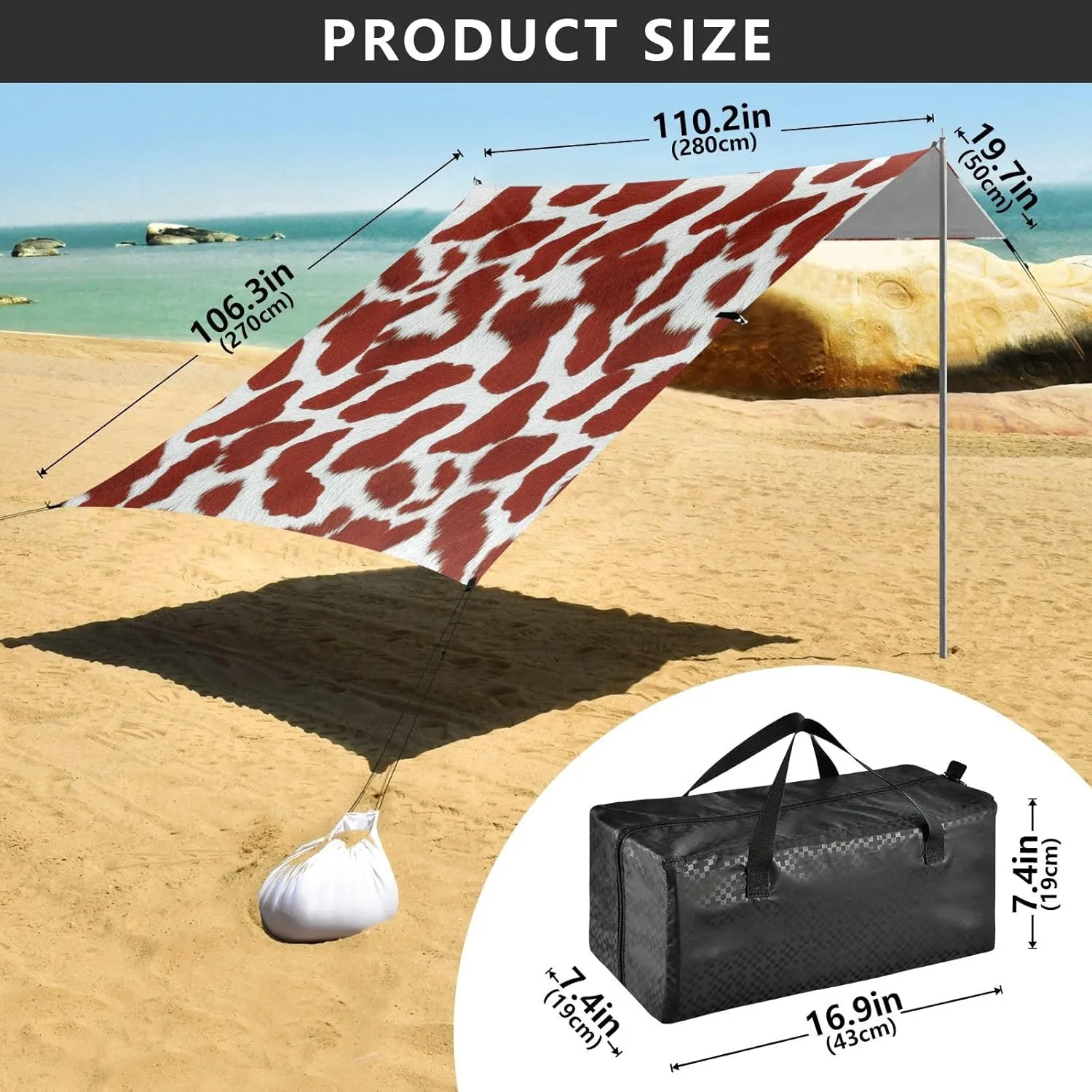 Beach Tent Canopy Cow Brown Spots Outdoor Sun Shade Patio 9.2 × 10.5 FT Funny Sand Camping Sun Shelter Windproof with Poles Sand Anchor