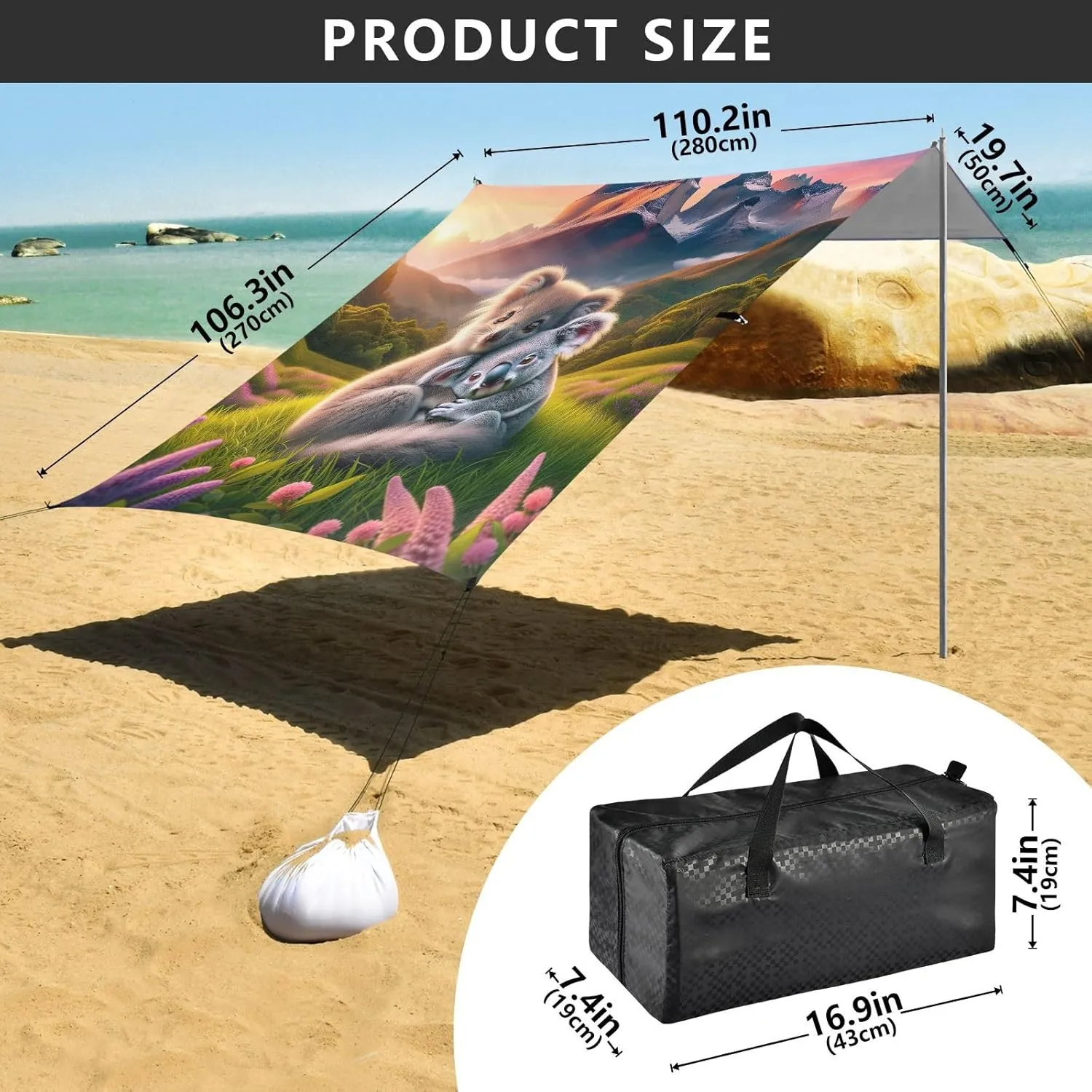 Beach Tent Canopy Outdoor Sun Shade Patio 9.2 × 10.5 FT for Adults Camping Sun Shelter Yard Koalas Mountain Sunset Cuddle Shelters with Anchor Poles Easy up