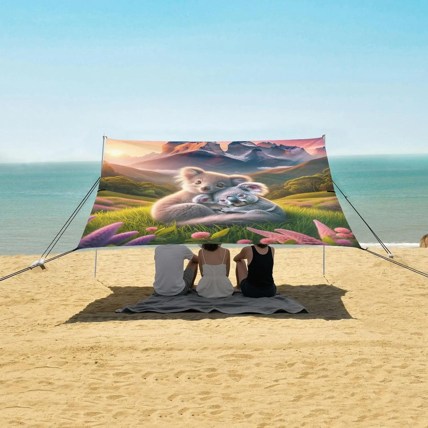 Beach Tent Canopy Outdoor Sun Shade Patio 9.2 × 10.5 FT for Adults Camping Sun Shelter Yard Koalas Mountain Sunset Cuddle Shelters with Anchor Poles Easy up