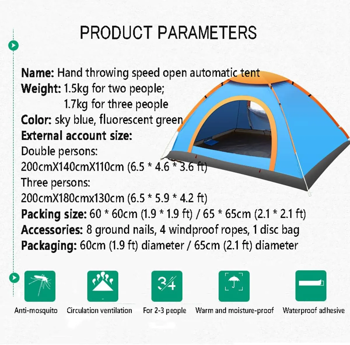 Beach Tent, Pop Up Tents for Double/3 to 4 Person Automatic Opening Double Layer Tent,Rainproof and Sunproof Portable Beach Camping Tent,Green,3 to4 People (Blue 2 to3 People)