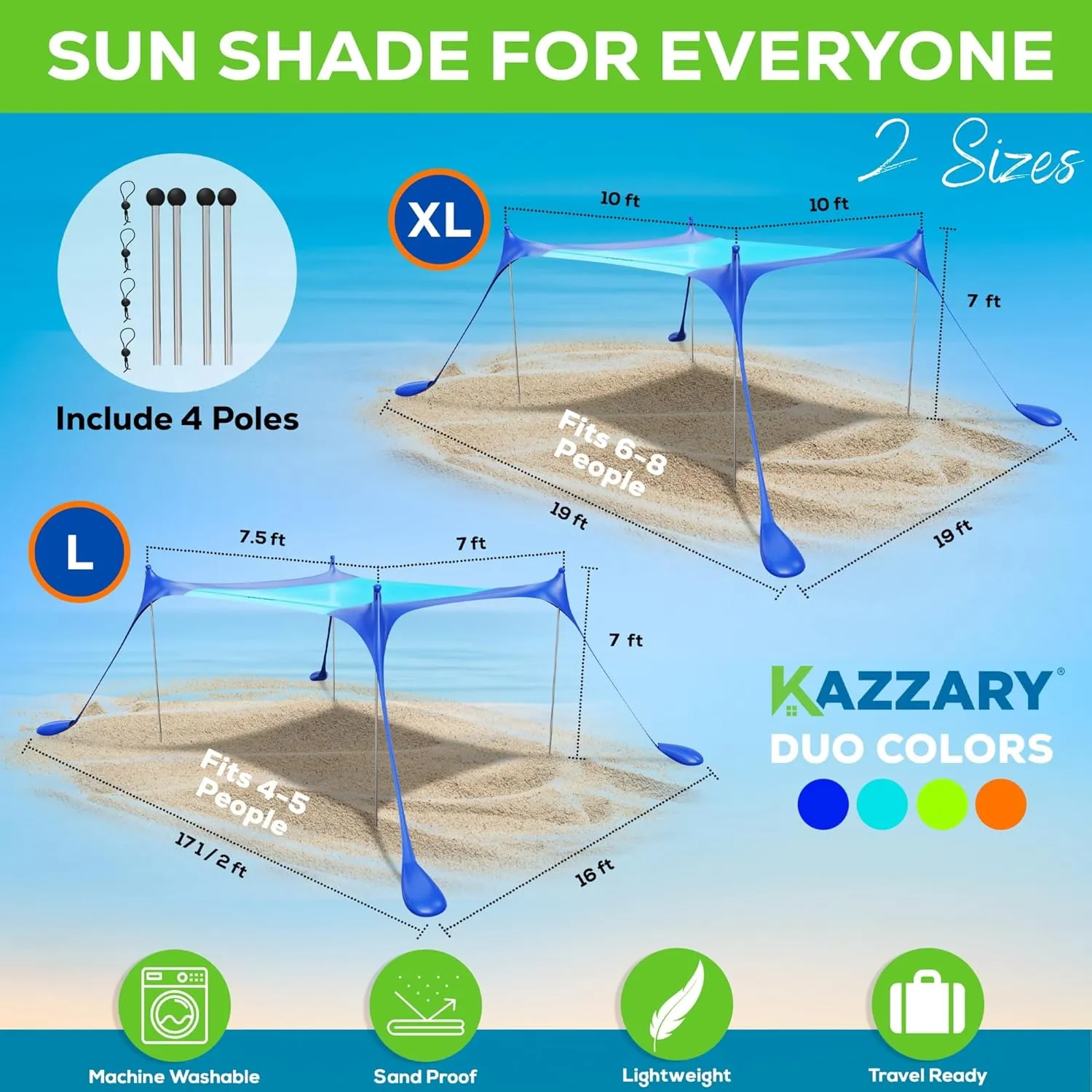 Beach Tent UPF50  Sun Shade Canopy with Sandbags, 4 Stability Poles, Ground Pegs, Flying Disc Sand Shovel, Lightweight Sunshade Shelter, 7ft Tall for Outdoor Trips, Camping and Sports