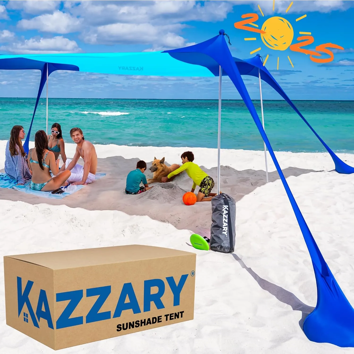 Beach Tent UPF50  Sun Shade Canopy with Sandbags, 4 Stability Poles, Ground Pegs, Flying Disc Sand Shovel, Lightweight Sunshade Shelter, 7ft Tall for Outdoor Trips, Camping and Sports