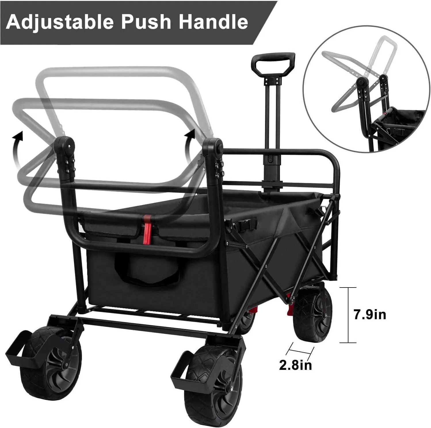 BEAU JARDIN Folding Beach Wagon Cart with Brake Free Standing Collapsible Utility Camping Grocery Canvas Fabric Portable Rolling Buggies Outdoor Garden Sport Heavy Duty Shopping Push Black BG238