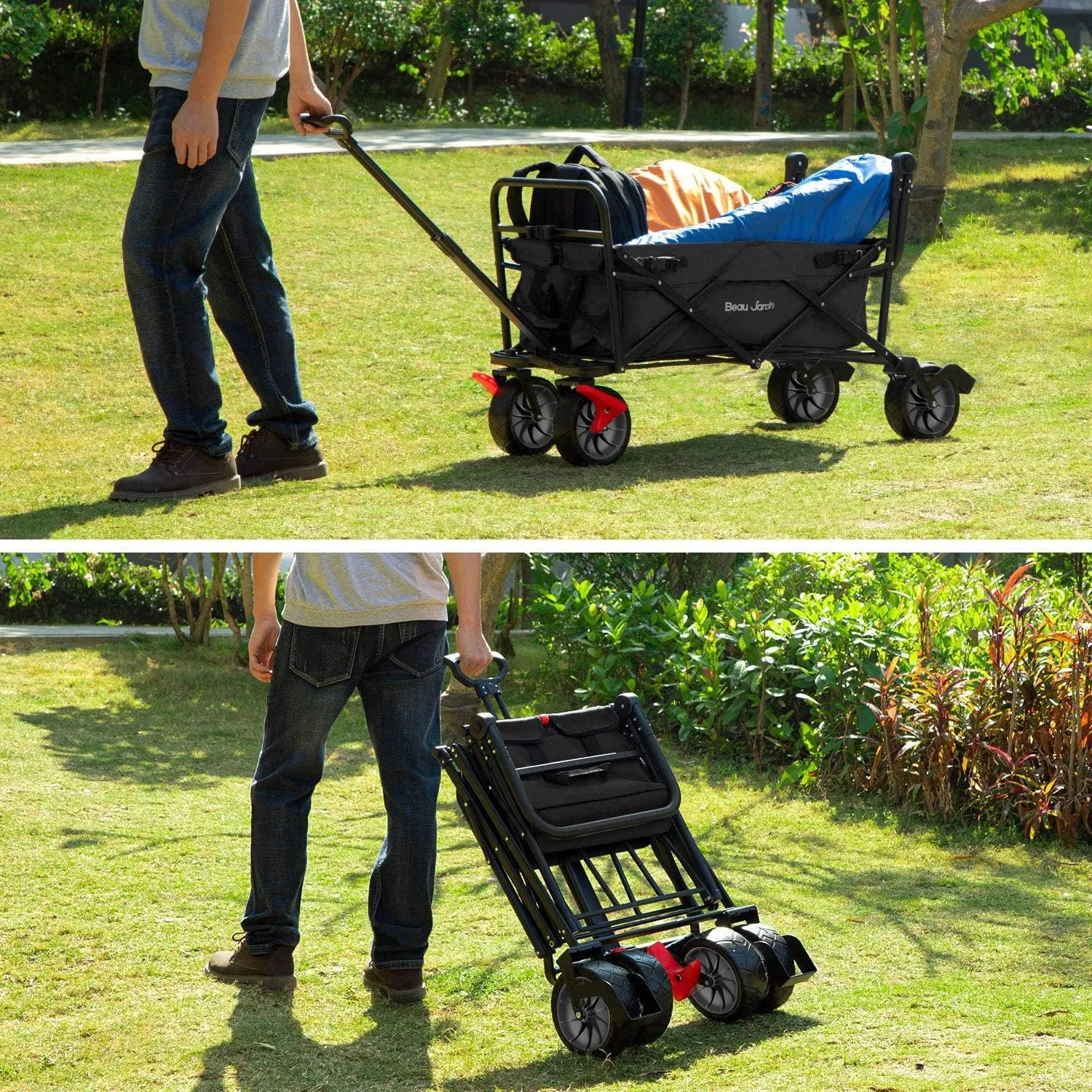 BEAU JARDIN Folding Beach Wagon Cart with Brake Free Standing Collapsible Utility Camping Grocery Canvas Fabric Portable Rolling Buggies Outdoor Garden Sport Heavy Duty Shopping Push Black BG238
