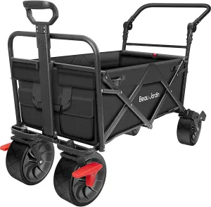 BEAU JARDIN Folding Beach Wagon Cart with Brake Free Standing Collapsible Utility Camping Grocery Canvas Fabric Portable Rolling Buggies Outdoor Garden Sport Heavy Duty Shopping Push Black BG238