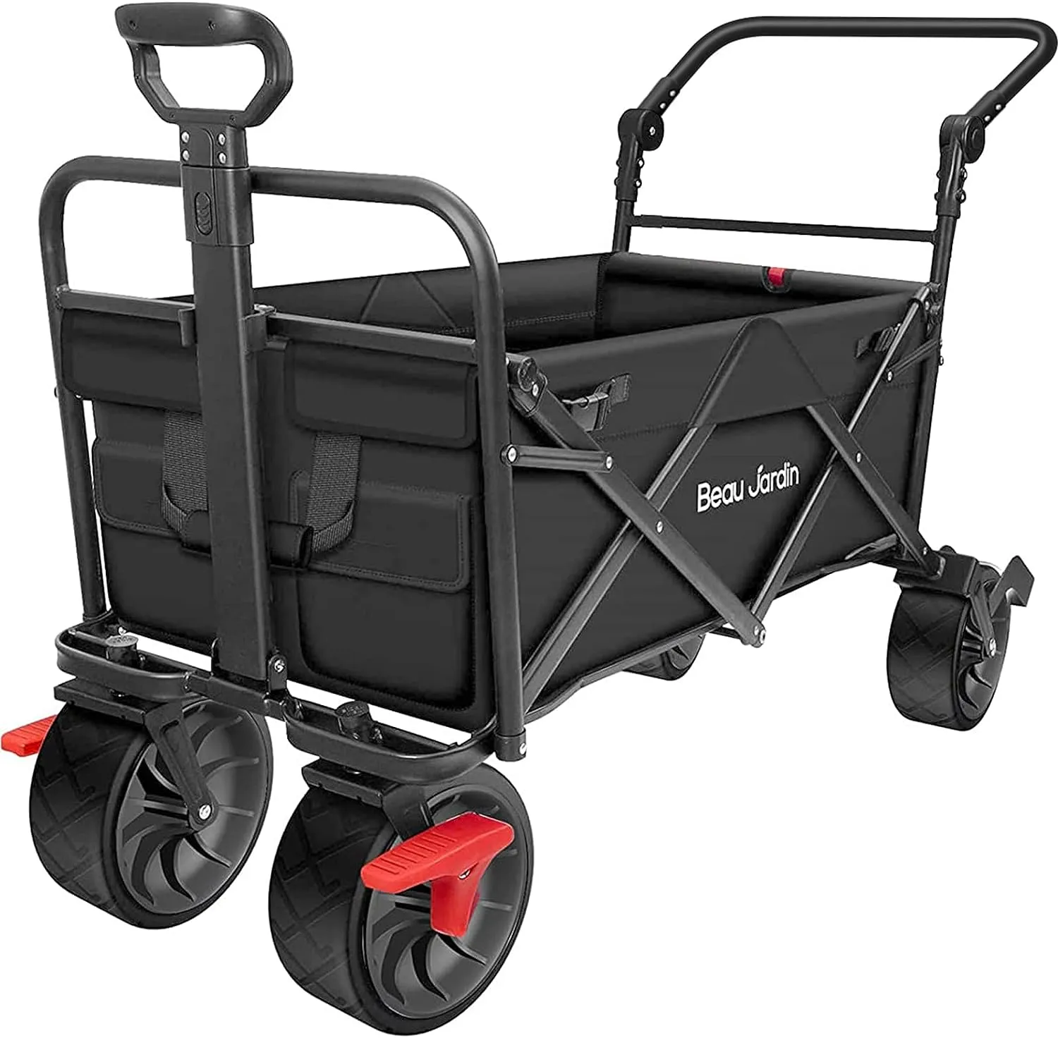 BEAU JARDIN Folding Beach Wagon Cart with Brake Free Standing Collapsible Utility Camping Grocery Canvas Fabric Portable Rolling Buggies Outdoor Garden Sport Heavy Duty Shopping Push Black BG238