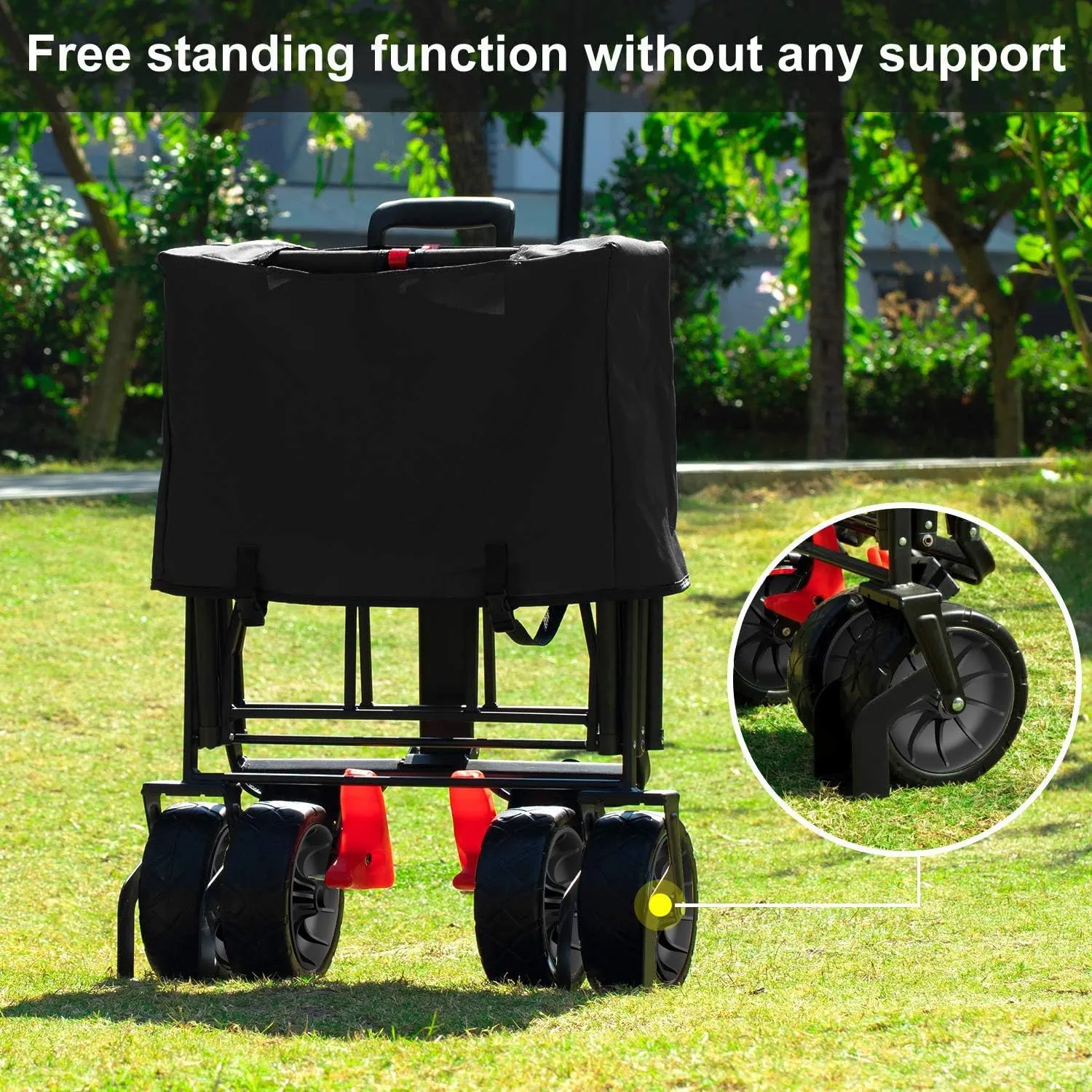 BEAU JARDIN Folding Beach Wagon Cart with Brake Free Standing Collapsible Utility Camping Grocery Canvas Fabric Portable Rolling Buggies Outdoor Garden Sport Heavy Duty Shopping Push Black BG238