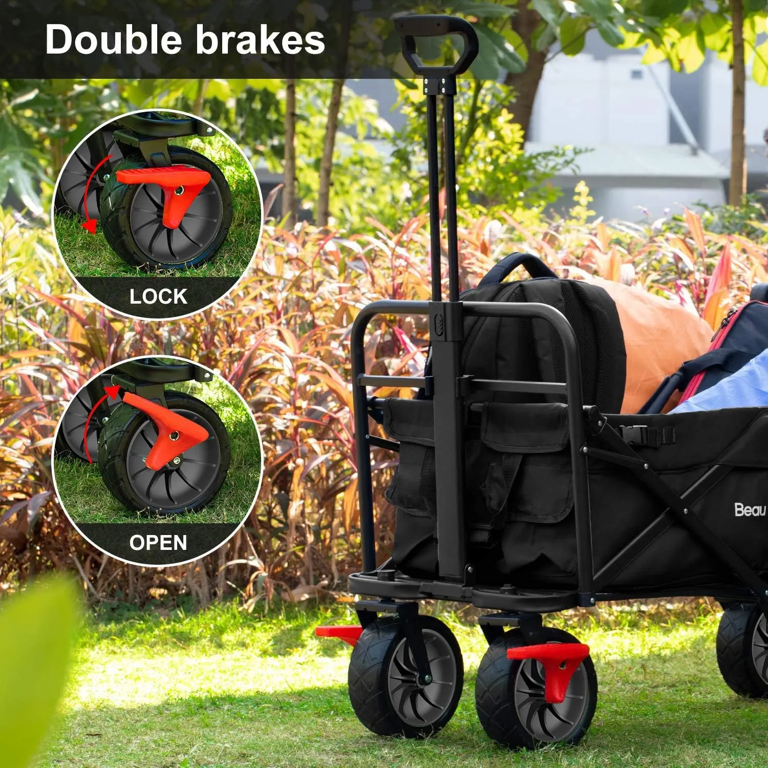 BEAU JARDIN Folding Beach Wagon Cart with Brake Free Standing Collapsible Utility Camping Grocery Canvas Fabric Portable Rolling Buggies Outdoor Garden Sport Heavy Duty Shopping Push Black BG238