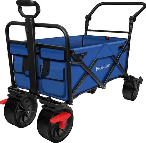 BEAU JARDIN Folding Beach Wagon Cart with Brake Free Standing Collapsible Utility Camping Grocery Canvas Fabric Portable Rolling Buggies Outdoor Garden Sport Heavy Duty Shopping Push Blue BG237