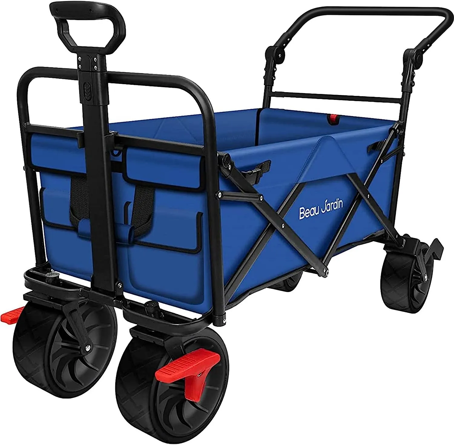 BEAU JARDIN Folding Beach Wagon Cart with Brake Free Standing Collapsible Utility Camping Grocery Canvas Fabric Portable Rolling Buggies Outdoor Garden Sport Heavy Duty Shopping Push Blue BG237