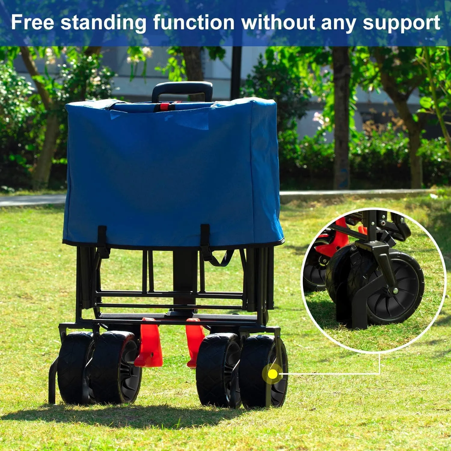 BEAU JARDIN Folding Beach Wagon Cart with Brake Free Standing Collapsible Utility Camping Grocery Canvas Fabric Portable Rolling Buggies Outdoor Garden Sport Heavy Duty Shopping Push Blue BG237
