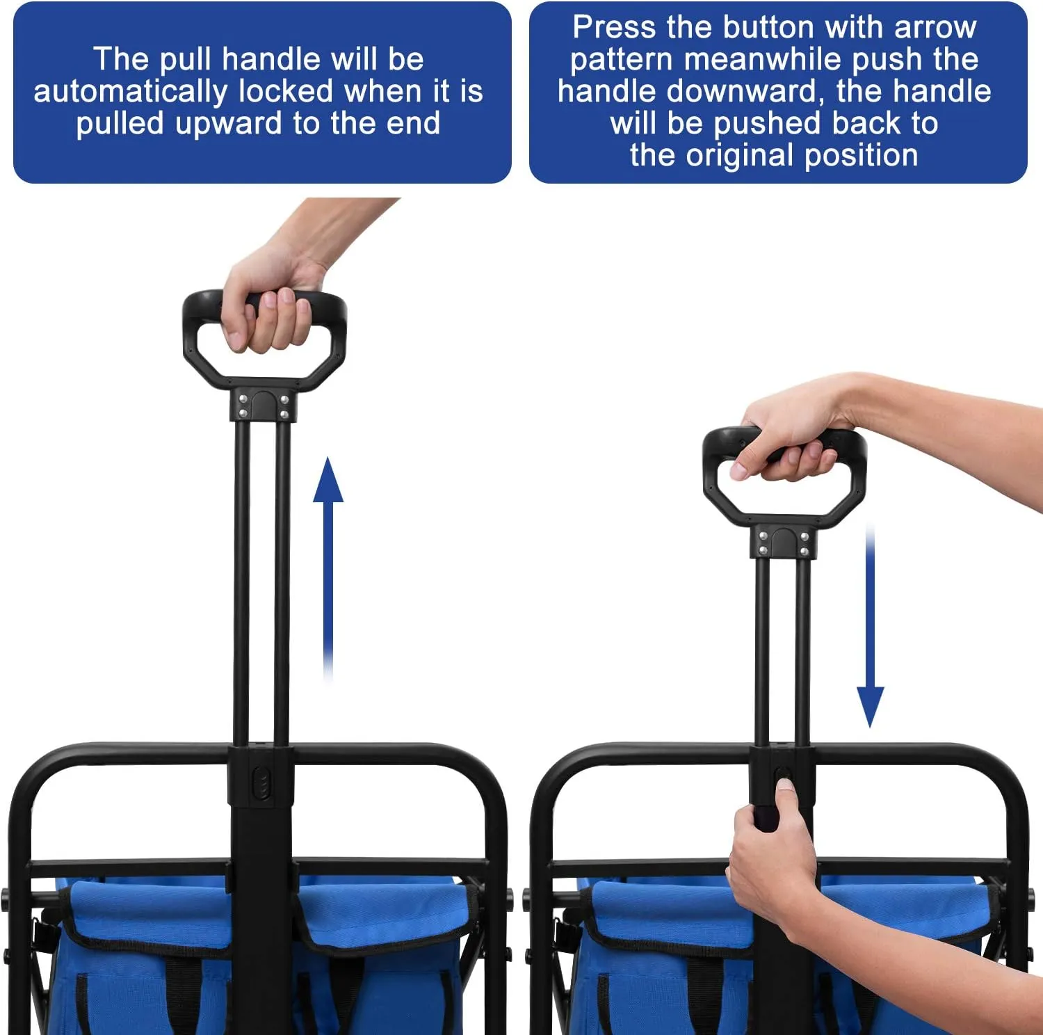 BEAU JARDIN Folding Beach Wagon Cart with Brake Free Standing Collapsible Utility Camping Grocery Canvas Fabric Portable Rolling Buggies Outdoor Garden Sport Heavy Duty Shopping Push Blue BG237