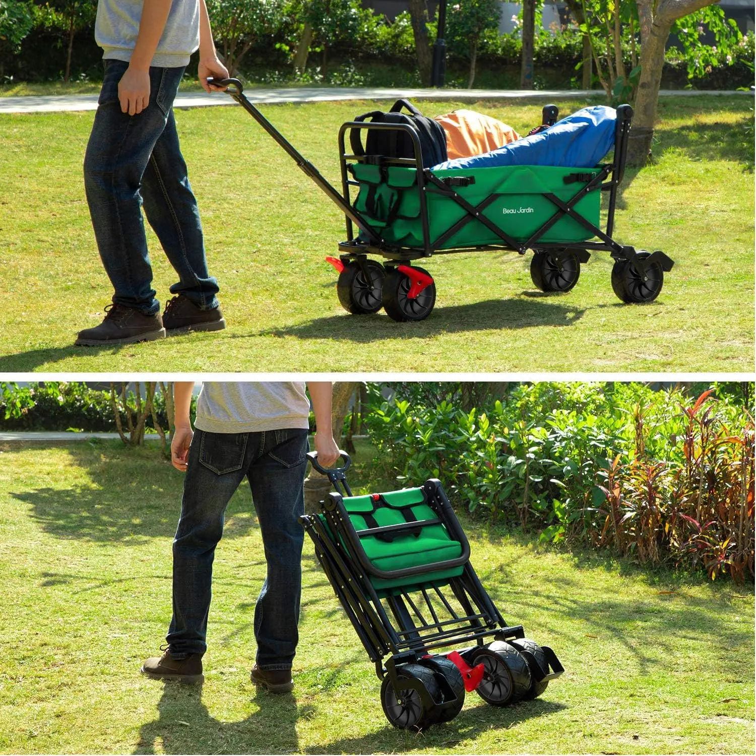 BEAU JARDIN Folding Beach Wagon Cart with Brake Free Standing Collapsible Utility Camping Grocery Canvas Fabric Portable Rolling Buggies Outdoor Garden Sport HeavyDuty Shopping Cart Push Green BG236