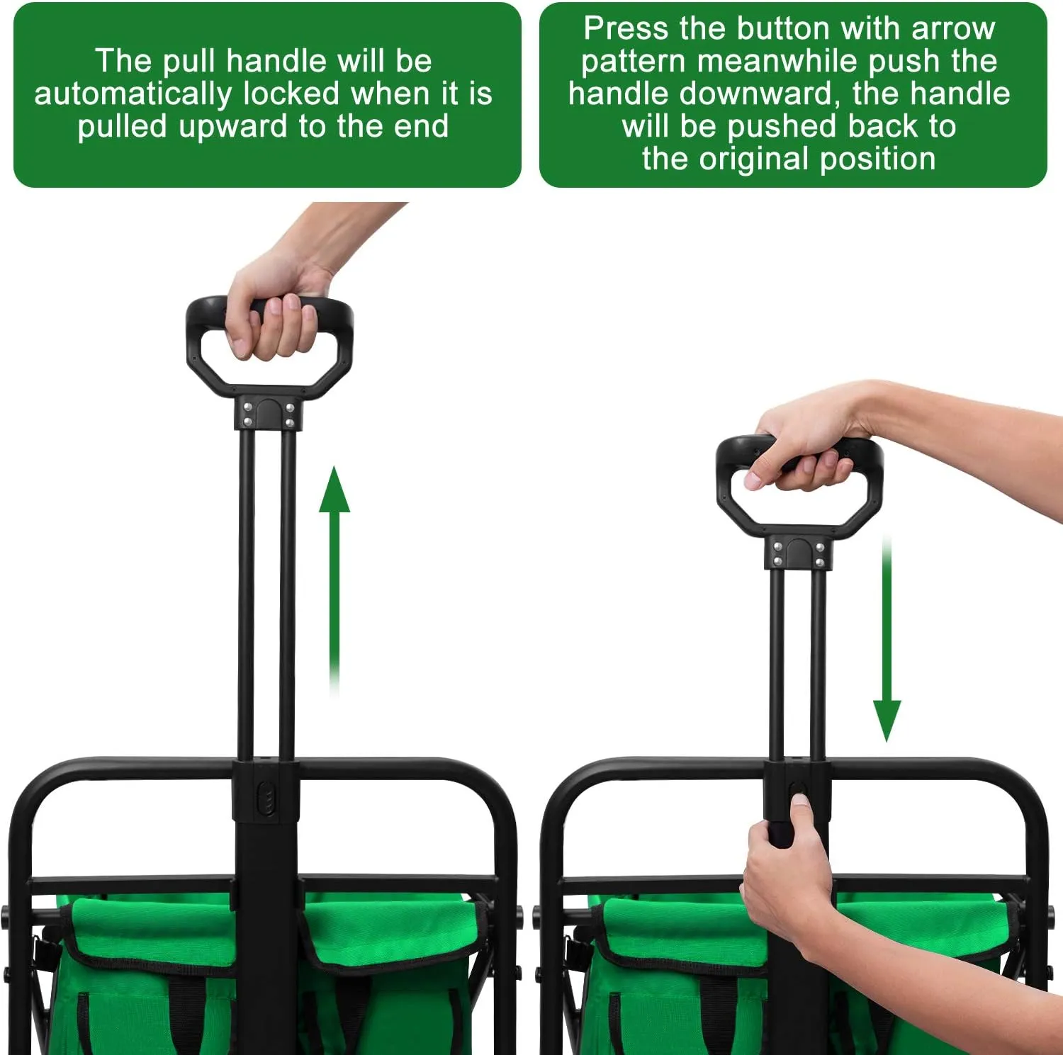BEAU JARDIN Folding Beach Wagon Cart with Brake Free Standing Collapsible Utility Camping Grocery Canvas Fabric Portable Rolling Buggies Outdoor Garden Sport HeavyDuty Shopping Cart Push Green BG236