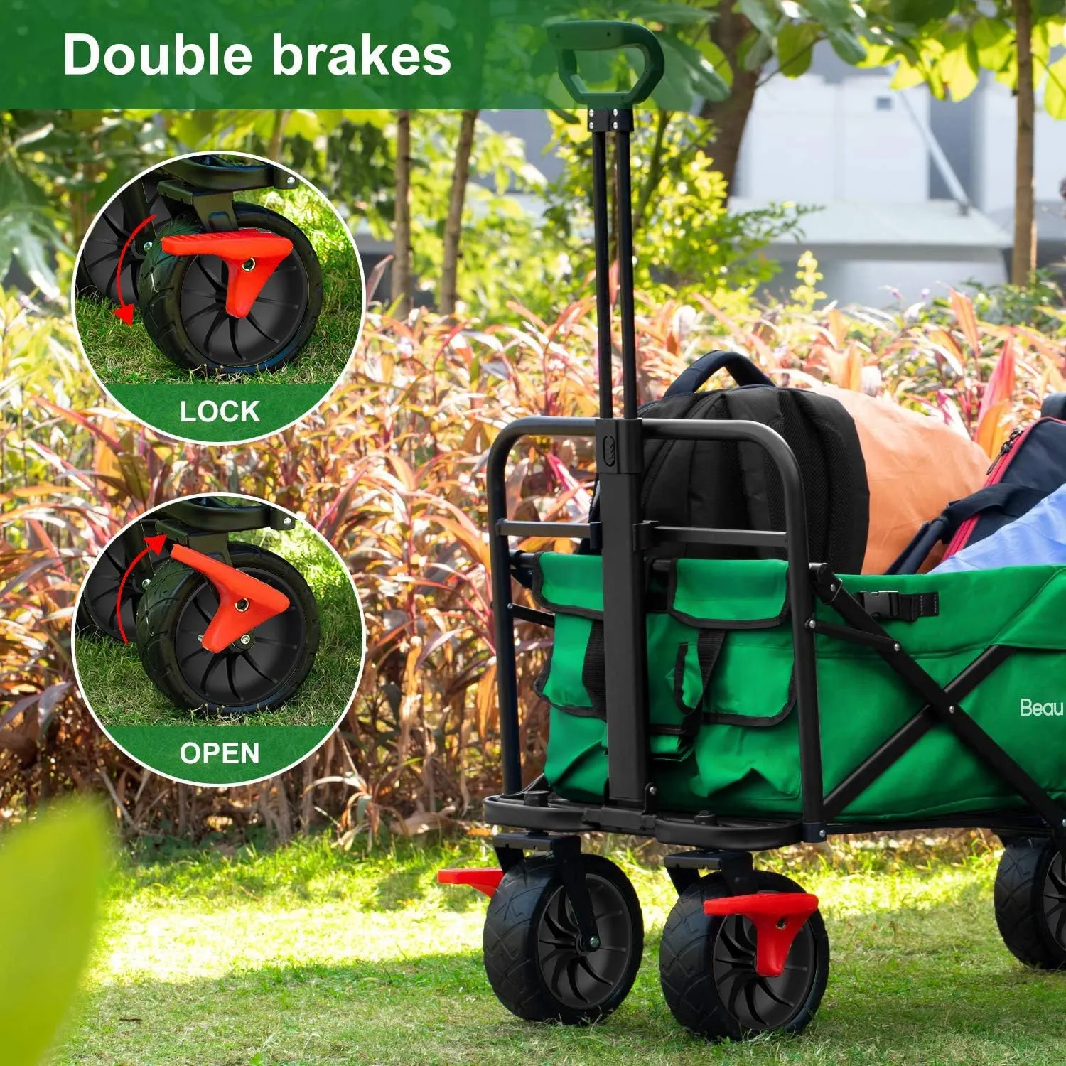 BEAU JARDIN Folding Beach Wagon Cart with Brake Free Standing Collapsible Utility Camping Grocery Canvas Fabric Portable Rolling Buggies Outdoor Garden Sport HeavyDuty Shopping Cart Push Green BG236