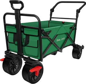 BEAU JARDIN Folding Beach Wagon Cart with Brake Free Standing Collapsible Utility Camping Grocery Canvas Fabric Portable Rolling Buggies Outdoor Garden Sport HeavyDuty Shopping Cart Push Green BG236