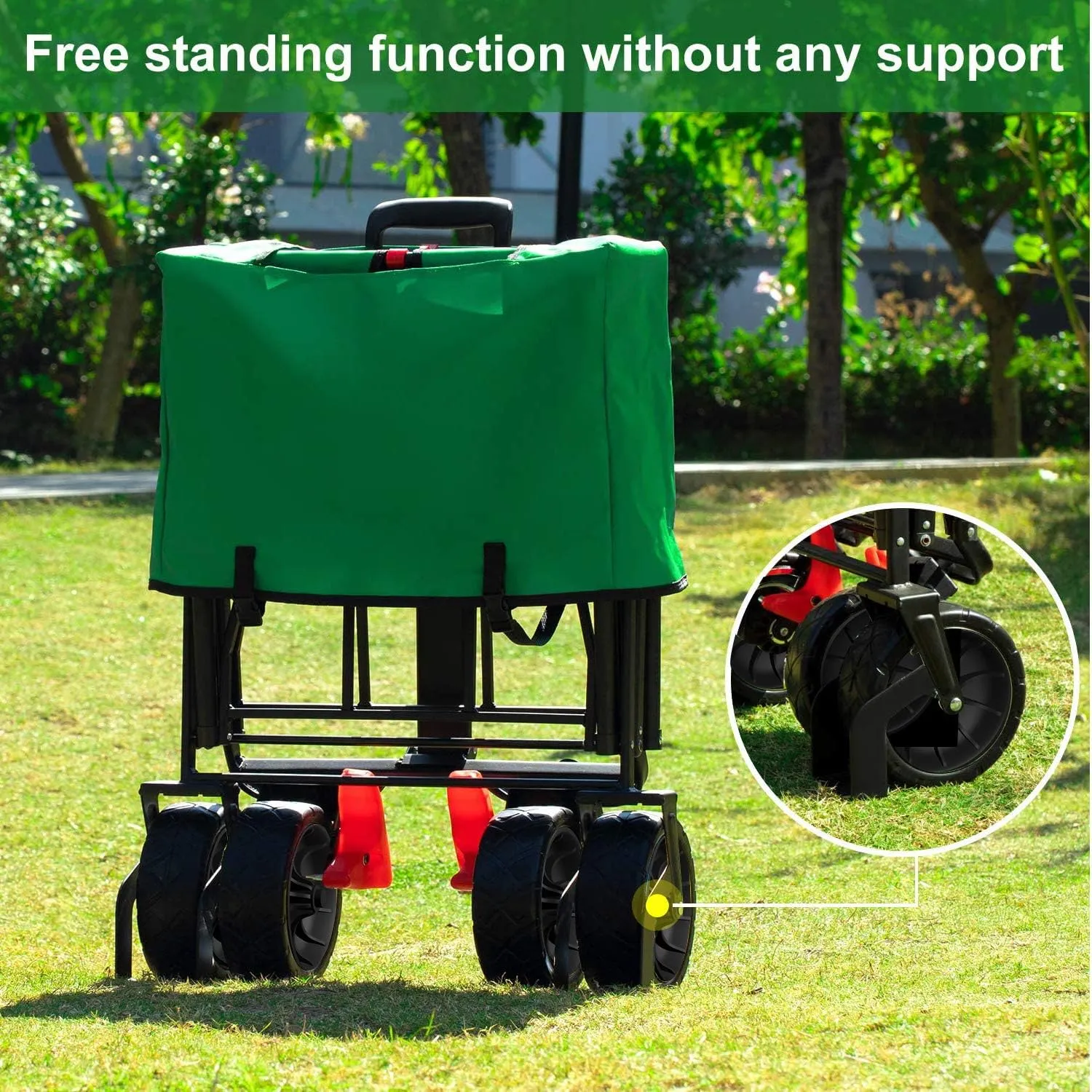 BEAU JARDIN Folding Beach Wagon Cart with Brake Free Standing Collapsible Utility Camping Grocery Canvas Fabric Portable Rolling Buggies Outdoor Garden Sport HeavyDuty Shopping Cart Push Green BG236