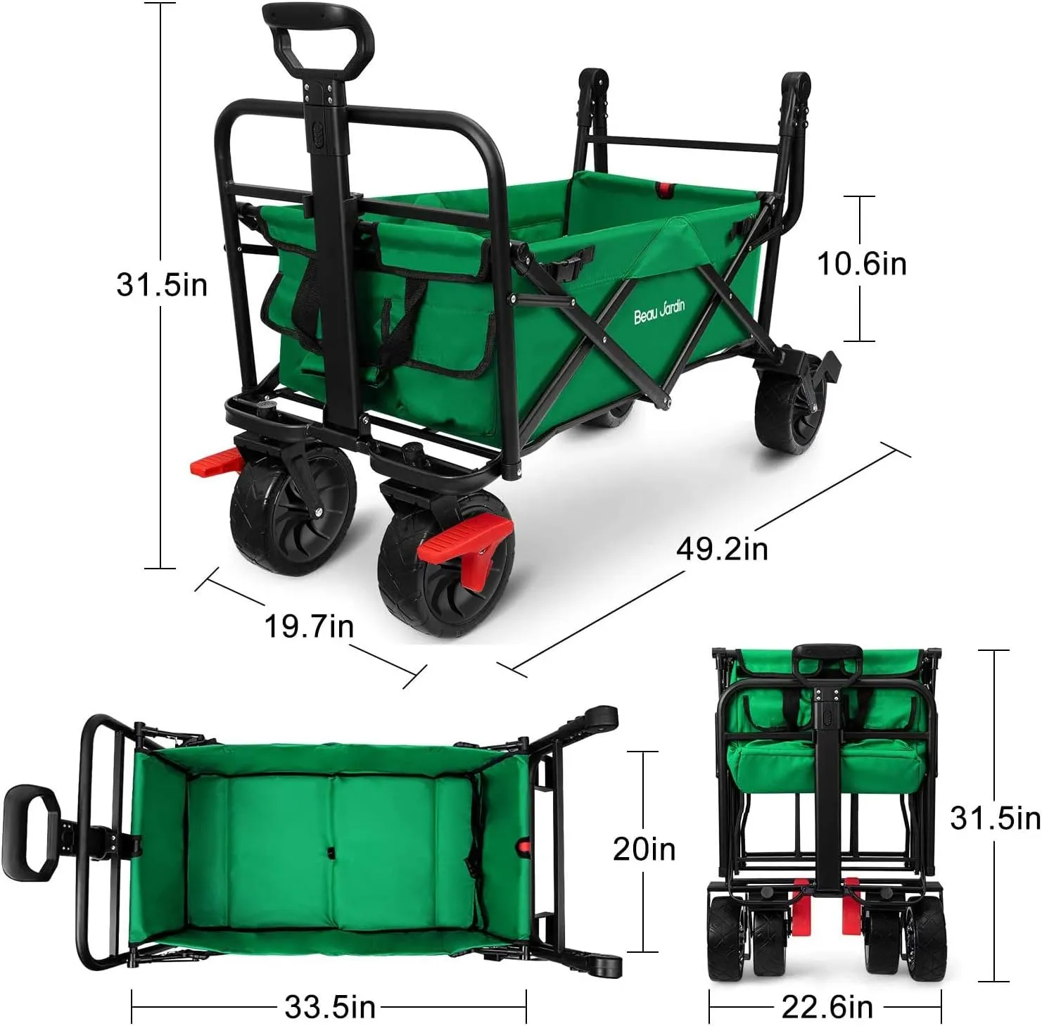 BEAU JARDIN Folding Beach Wagon Cart with Brake Free Standing Collapsible Utility Camping Grocery Canvas Fabric Portable Rolling Buggies Outdoor Garden Sport HeavyDuty Shopping Cart Push Green BG236