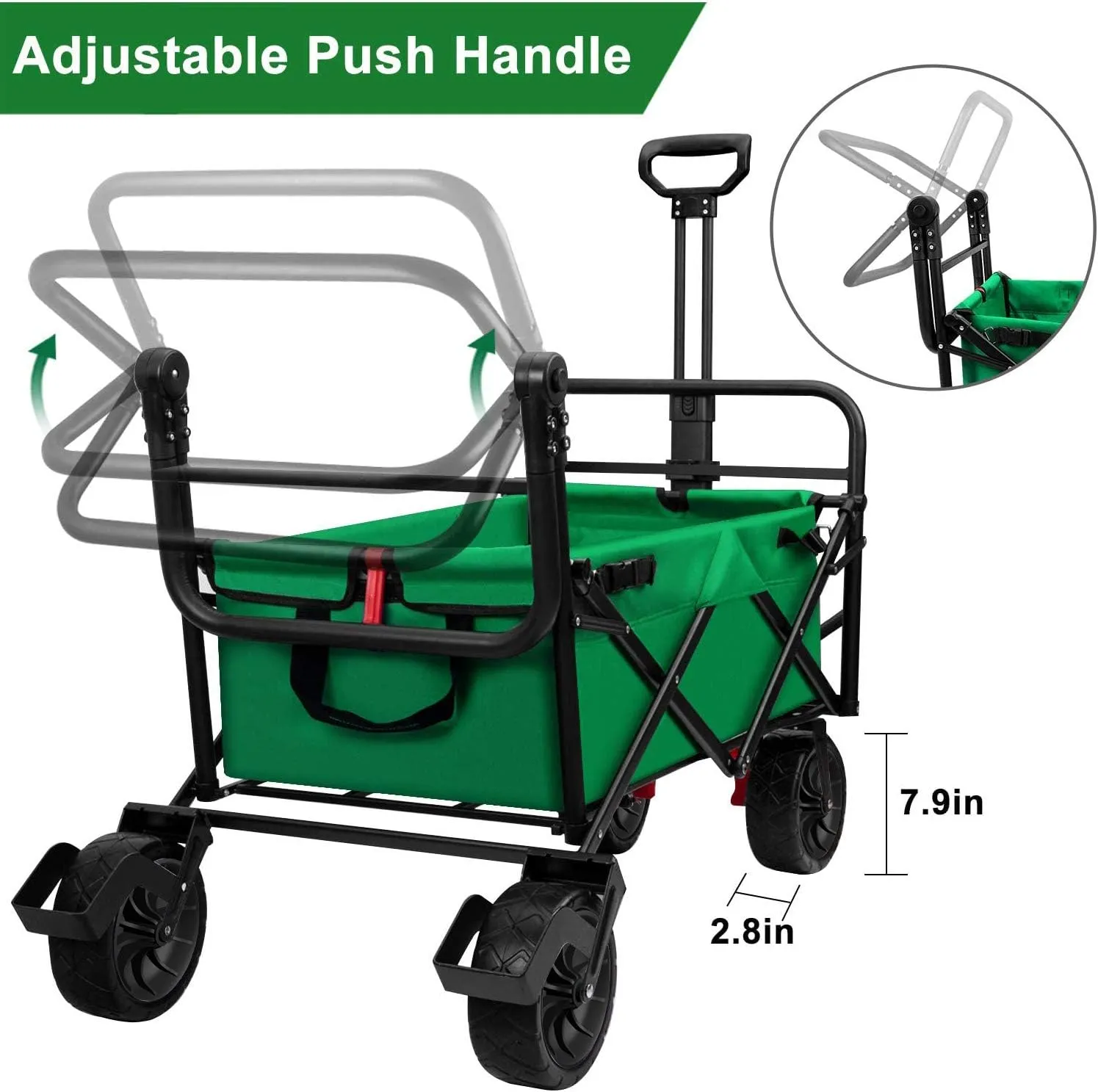 BEAU JARDIN Folding Beach Wagon Cart with Brake Free Standing Collapsible Utility Camping Grocery Canvas Fabric Portable Rolling Buggies Outdoor Garden Sport HeavyDuty Shopping Cart Push Green BG236