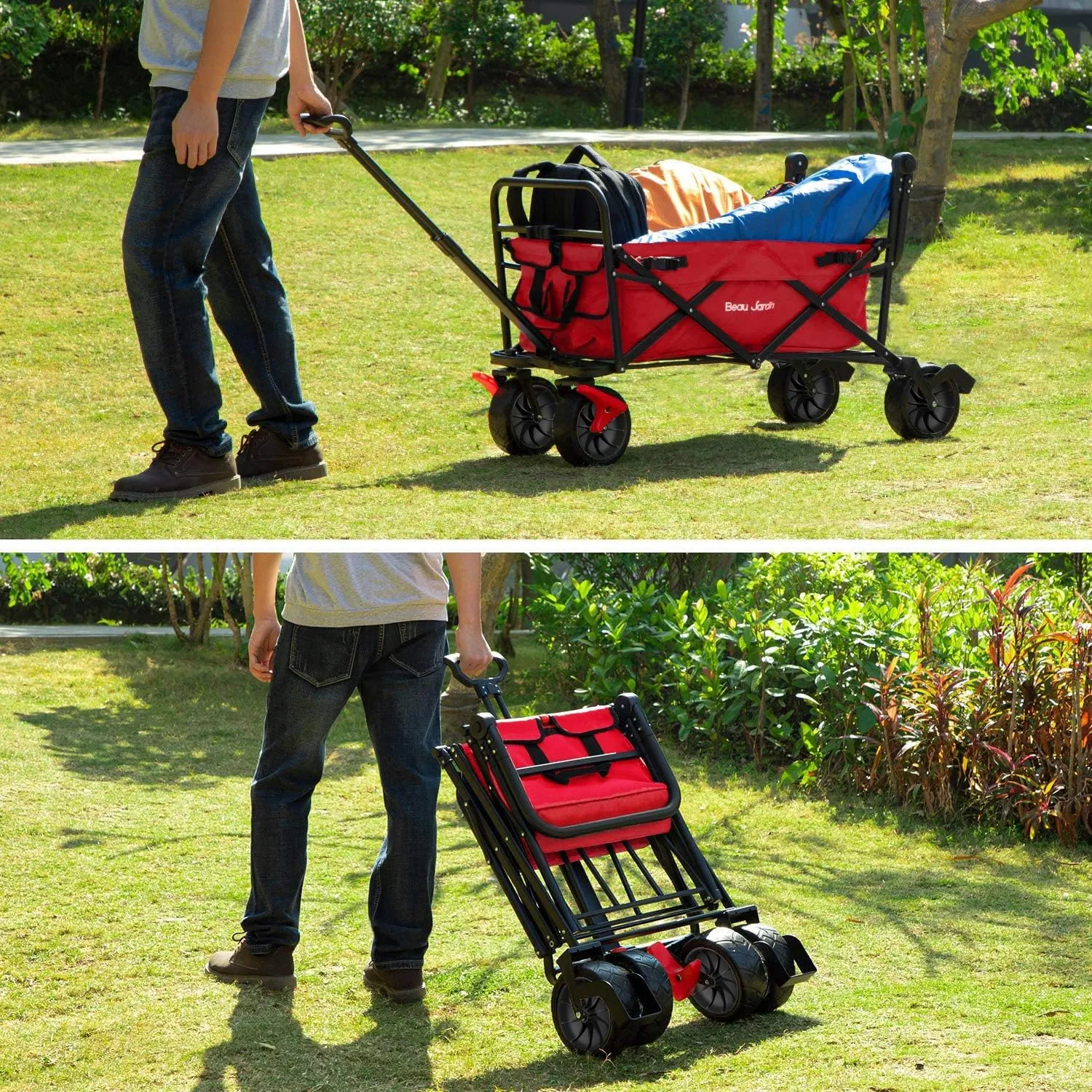 BEAU JARDIN Folding Beach Wagon Cart with Brakes Free Standing Collapsible Utility Camping Grocery Canvas Fabric Portable Rolling Buggies Outdoor Garden Sport Heavy Duty Shopping Cart Push Red BG235