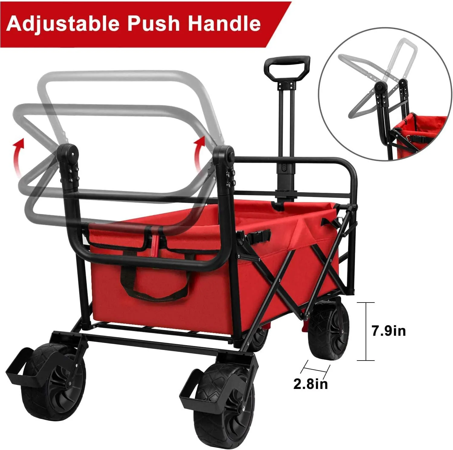 BEAU JARDIN Folding Beach Wagon Cart with Brakes Free Standing Collapsible Utility Camping Grocery Canvas Fabric Portable Rolling Buggies Outdoor Garden Sport Heavy Duty Shopping Cart Push Red BG235