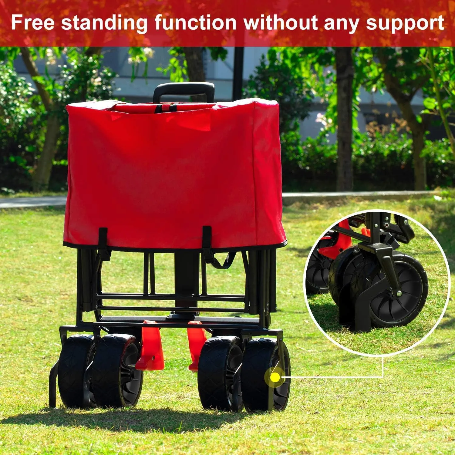 BEAU JARDIN Folding Beach Wagon Cart with Brakes Free Standing Collapsible Utility Camping Grocery Canvas Fabric Portable Rolling Buggies Outdoor Garden Sport Heavy Duty Shopping Cart Push Red BG235