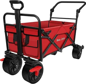 BEAU JARDIN Folding Beach Wagon Cart with Brakes Free Standing Collapsible Utility Camping Grocery Canvas Fabric Portable Rolling Buggies Outdoor Garden Sport Heavy Duty Shopping Cart Push Red BG235