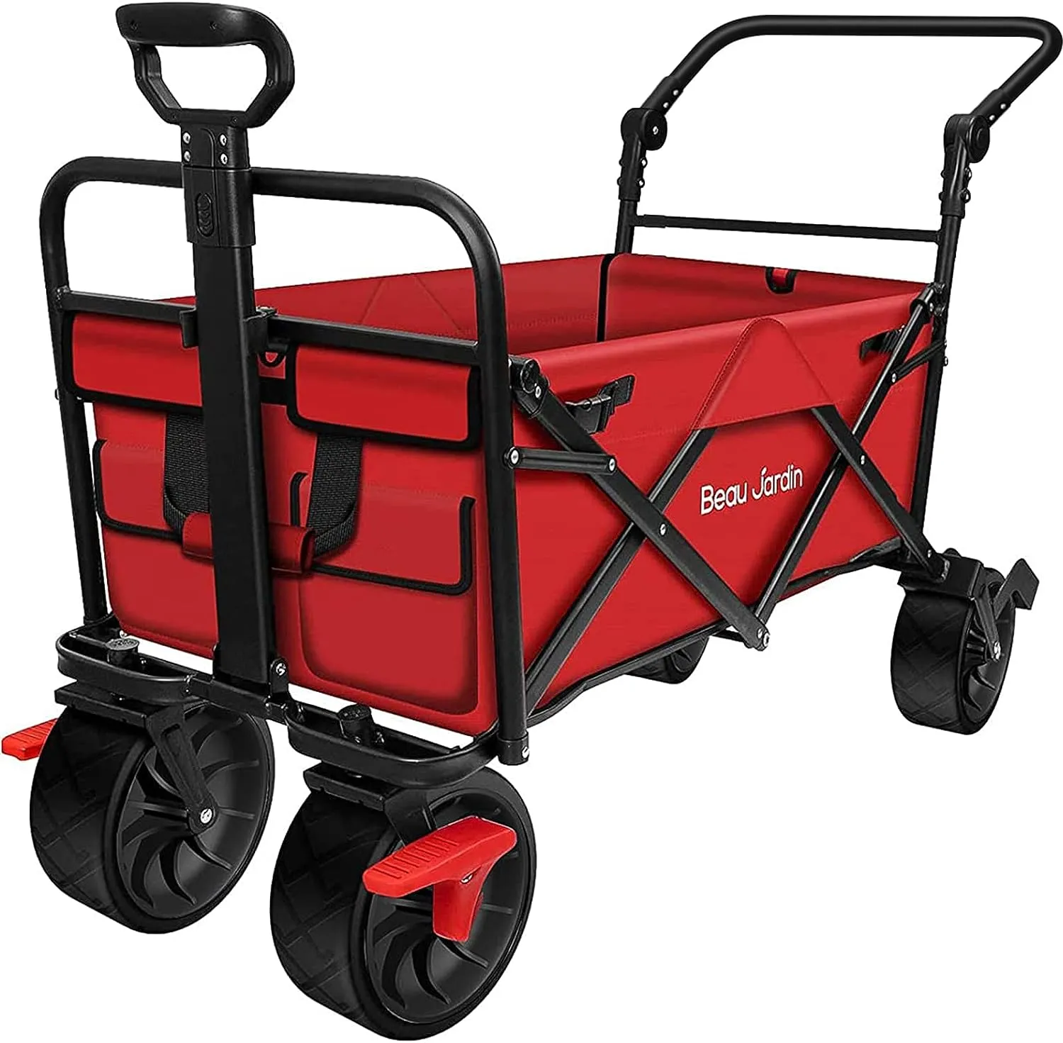 BEAU JARDIN Folding Beach Wagon Cart with Brakes Free Standing Collapsible Utility Camping Grocery Canvas Fabric Portable Rolling Buggies Outdoor Garden Sport Heavy Duty Shopping Cart Push Red BG235