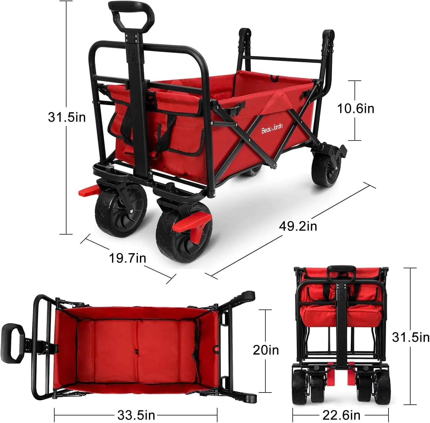 BEAU JARDIN Folding Beach Wagon Cart with Brakes Free Standing Collapsible Utility Camping Grocery Canvas Fabric Portable Rolling Buggies Outdoor Garden Sport Heavy Duty Shopping Cart Push Red BG235