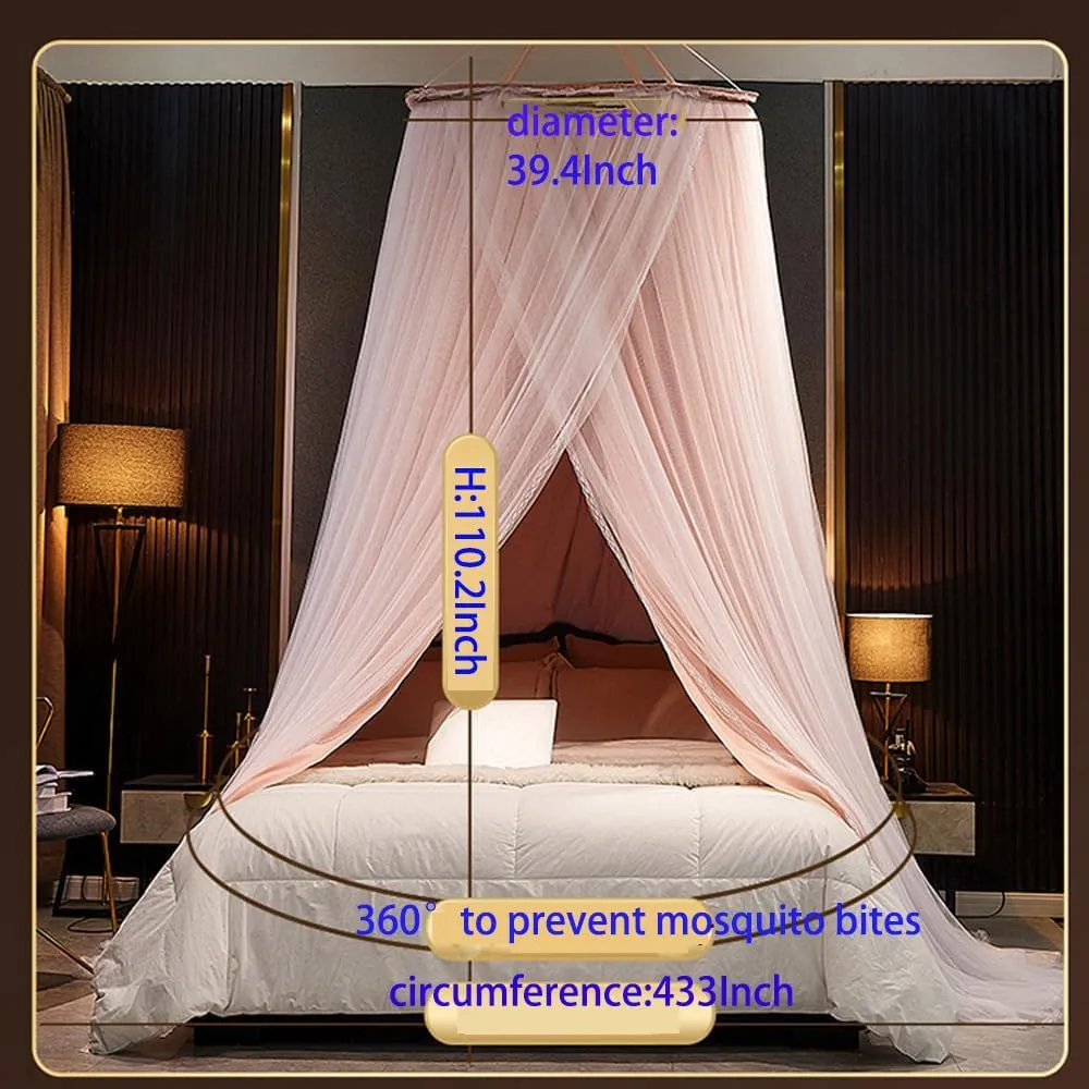 Bed Canopy for Girls & Adults, Round Dome Lace Princess Canopies Netting, Elegant Double Layer Bed Canopy Drapes for Decoration, Playing,Reading,Sleepping (Pink)