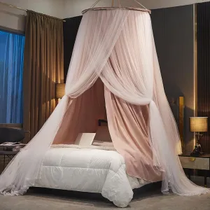 Bed Canopy for Girls & Adults, Round Dome Lace Princess Canopies Netting, Elegant Double Layer Bed Canopy Drapes for Decoration, Playing,Reading,Sleepping (Pink)